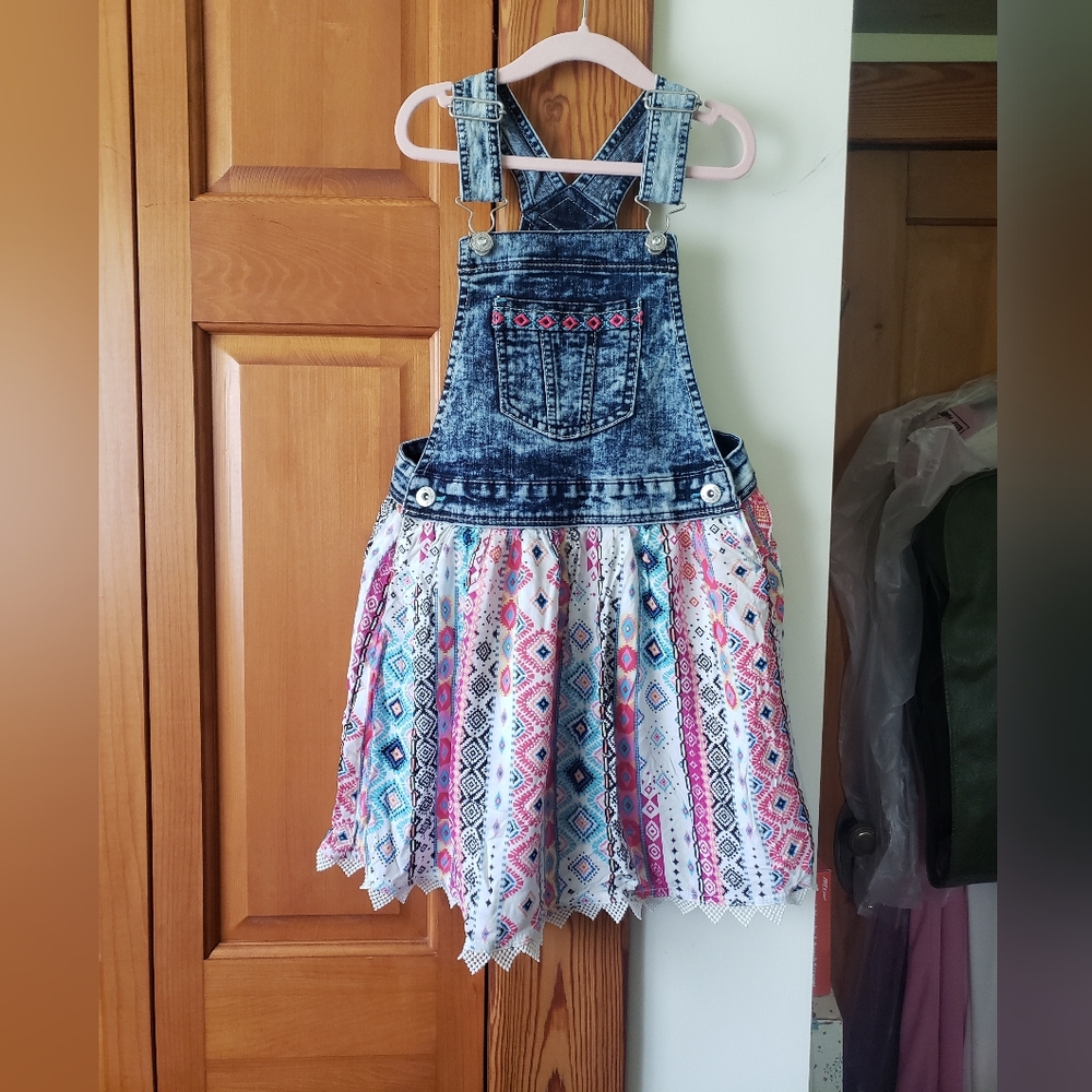 Jordache Denim and Colorful Patterned Kids Overall Bib Dress 7-8 - Picture 1 of 11